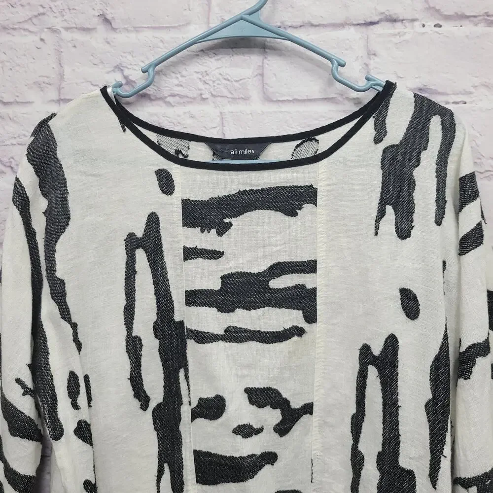 Ali‎ Miles Linen Blend Tunic Top Sz S Artsy Abstract Animal Print Gallery Luxe